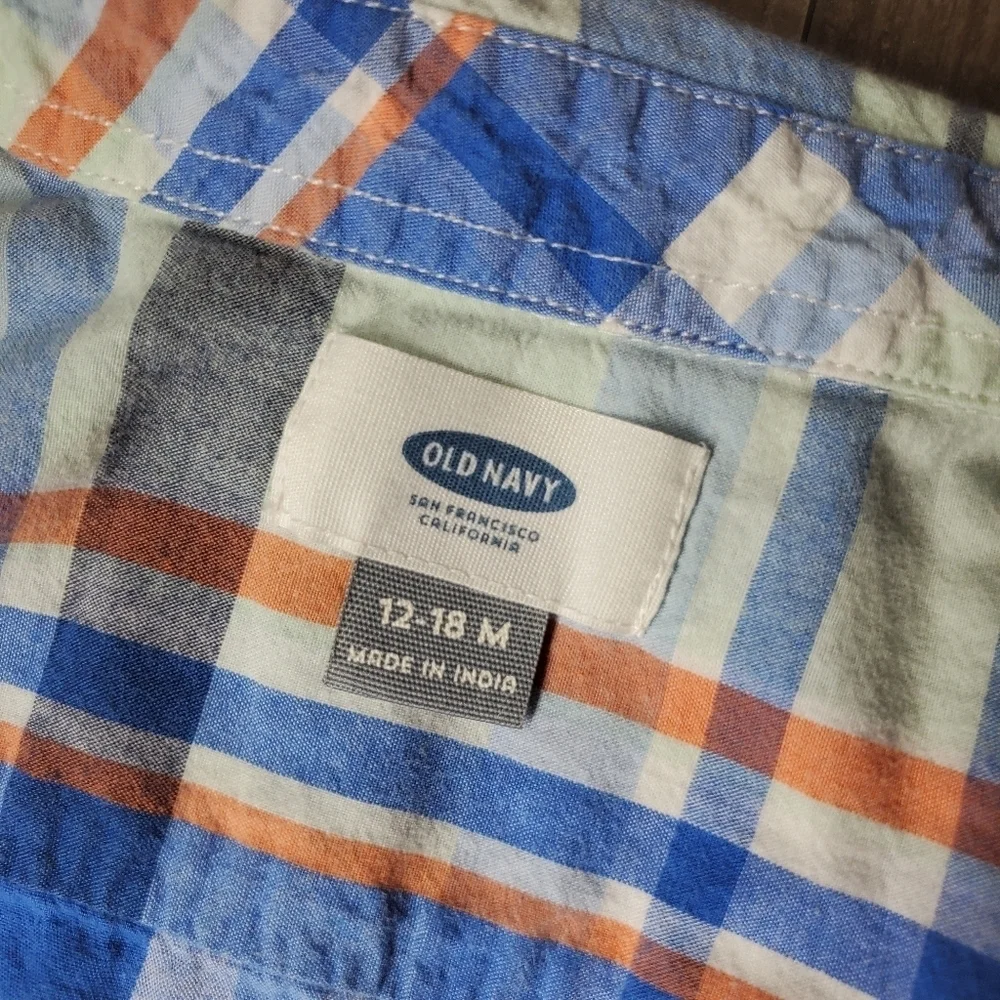 Old Navy Boys 12-18m Plaid Button Down Shirt Blue Orange EUC